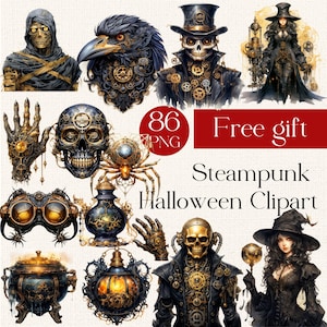 87 Steampunk Halloween Clipart Set, PNG Gráfico Transparente, Sublimação de Download Digital, Diário de Lixo Digital, Feliz Dia das Bruxas Clipart,