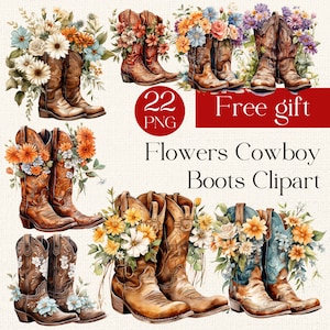 22 Cowboy-Stiefel mit Blumen Clipart, Cowgirl Stiefel Clipart, Aquarell Cowboy-Stiefel Clipart, Kartenherstellung, Junk Journal, Clipart-Set
