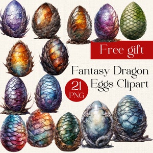 21 imágenes prediseñadas de huevos de dragón de acuarela, kit de scrapbooking, huevos de fantasía mágicos coloridos PNG, Fantasía, Mágico, Descarga instantánea, Uso comercial