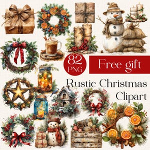 82 Rustic Christmas Clipart Illustrations, Cozy Christmas PNG, Watercolor Christmas Ornaments, Boho Christmas Wreath, Christmas Tree