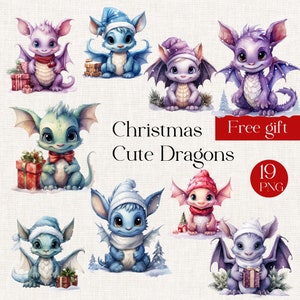 Aquarelle mignon Noël fantaisie dragon PNG clipart. Illustrations à l'aquarelle pour la décoration de crèche, l'artisanat de vacances, les invitations à des fêtes d'enfants