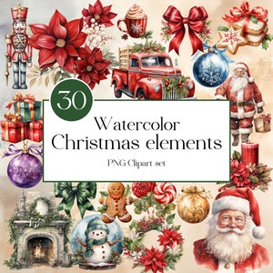 Watercolor Christmas clipart, Christmas PNG, Holiday clipart, Set of watercolor Christmas elements, Christmas decorations PNG, Festive PNG