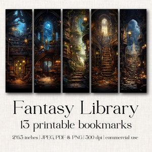 13 projektów zakładek do druku Fantasy Library, pobieranie wydruków cyfrowych, sublimacja, drukowanie i cięcie, zestaw zakładek, Fantasy, JPEG, PNG, PDF