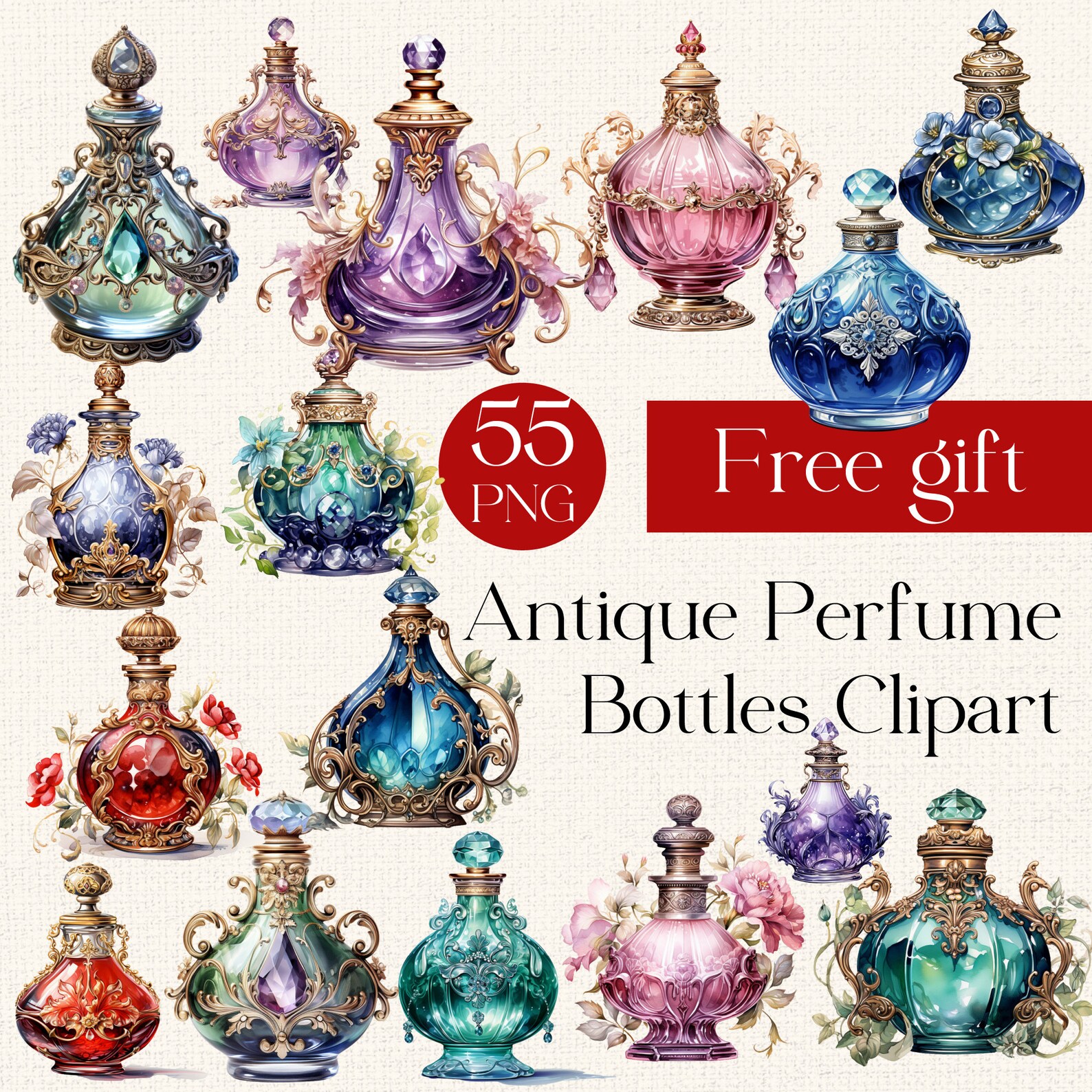 55 Watercolor Antique Perfume Bottles Clip Art, Victorian Clipart ...