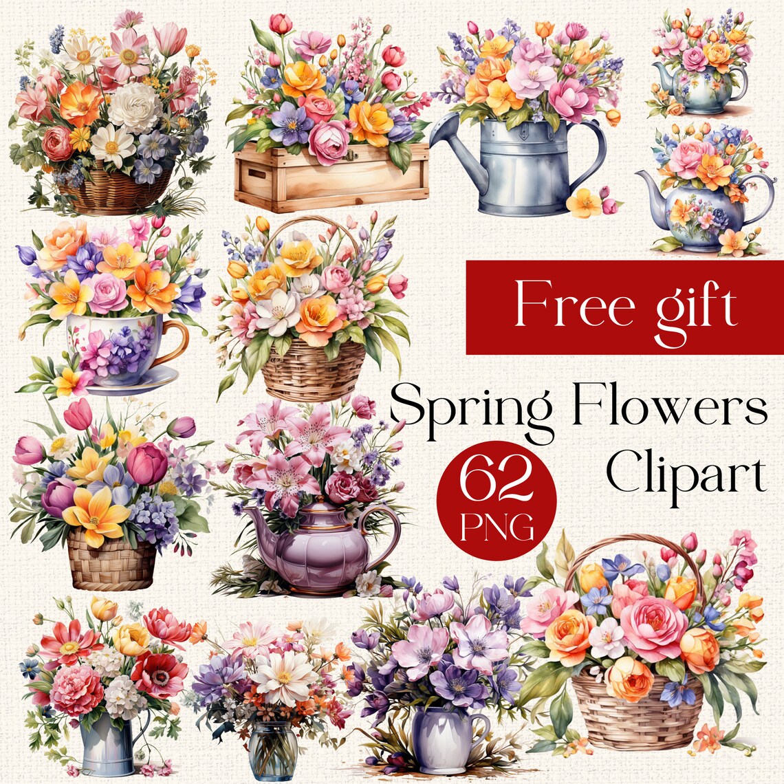 62 Spring Flowers, Box of Flowers PNG, Flowers Watercolor Clipart ...