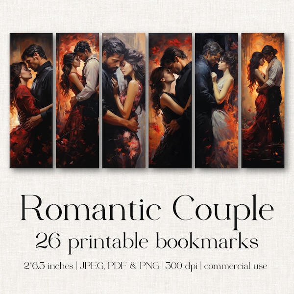 26 Romantic Couple Bookmark Designs, Digital Print Download, Sublimation, Print and Cut, Bookmark Set, Love, Romance, JPEG, PNG, PDF