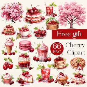 Watercolor Cherry Clipart png illustrations on cherry theme, fruit graphics, cherry dessert and blossom, instant download for commercial use