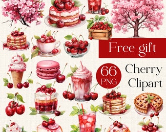Watercolor Cherry Clipart png illustrations on cherry theme, fruit graphics, cherry dessert and blossom, instant download for commercial use