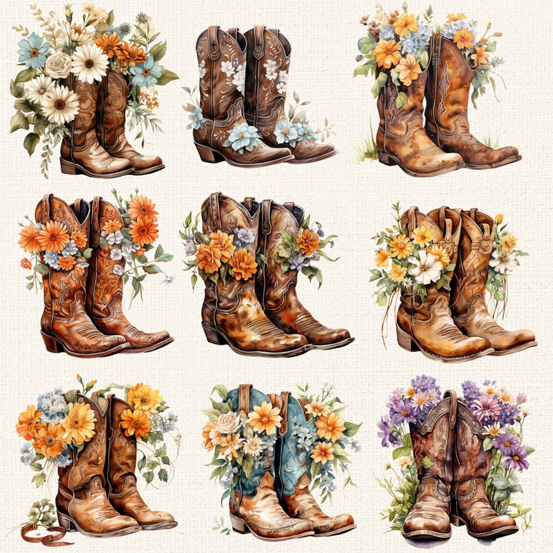 22 Cowboy Boots With Flowers Clipart, Cowgirl Boots Clipart, Watercolor