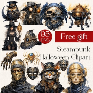 95 Steampunk Halloween Clipart Set, PNG Graphic Transparent, Digital Download Sublimation, Digital Junk Journal, Happy Halloween Clipart,