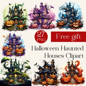 27 Watercolor Halloween House clipart, Scary Halloween Clipart, Digital Junk Journal, Happy Halloween Clipart, Children&#39;s Junk Journal