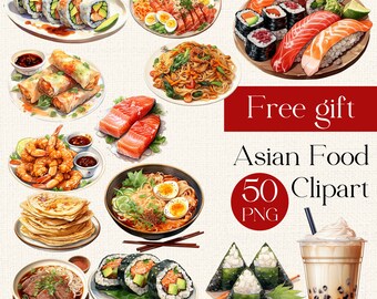 50 Watercolor Asian food clipart, Scrapbook, Junk Journal, Asian food png, food graphics, ramen, sushi, gyoza, miso, spring roll clipart PNG