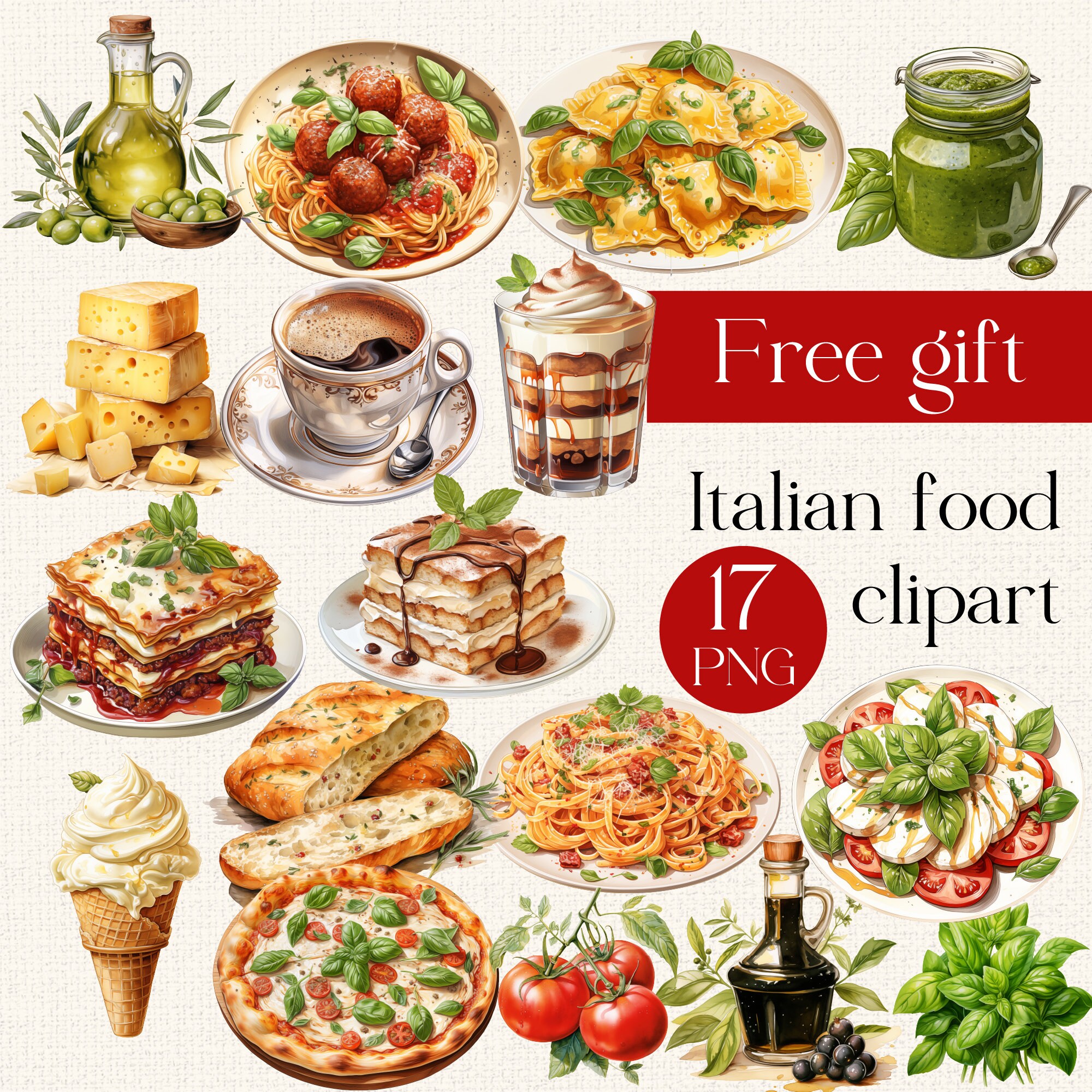 Watercolor Italian food clipart, Scrapbook, Junk Journal, Italian food png, food graphics, pizza, lasagna, ravioli, pasta clipart PNG