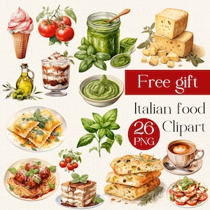 26 水彩画のイタリア料理のクリップアート、スクラップブック、ジャンクジャーナル、イタリア料理の PNG、食品のグラフィック、ピザ、ラザニア、ラビオリ、パスタのクリップアート PNG