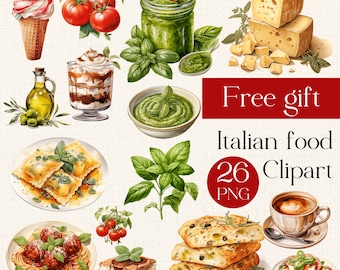 26 Watercolor Italian food clipart, Scrapbook, Junk Journal, Italian food png, food graphics, pizza, lasagna, ravioli, pasta clipart PNG