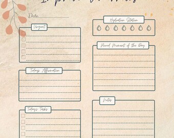 May include: A beige printable planner with the text "Improve tomorrows" at the top. The planner includes sections for "Urgent", "Today's Affirmation", "Today's Tasks", "Hydration Station", "Proud Moment of the Day", and "Notes".