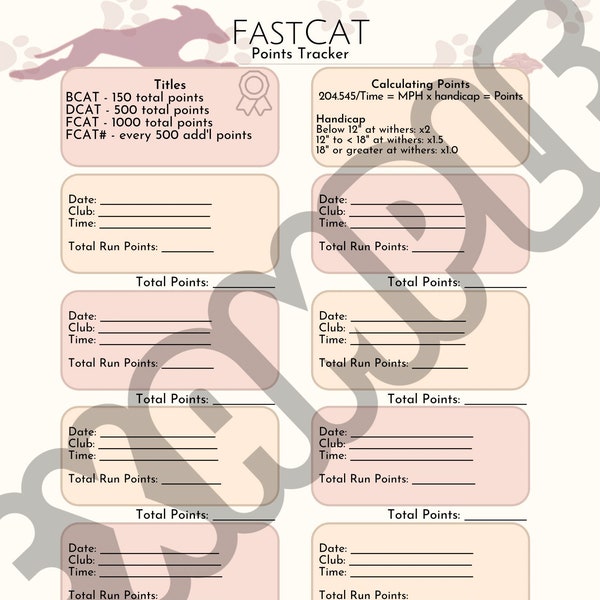 Dog Sports AKC FastCAT Digital Points Journal Title Tracker Lure Coursing (Print-friendly/PDF Download)