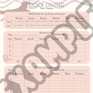 May include: A pink and white chart titled "Dock Diving Title Tracker" with the heading "NADD Dock Diving Distance Divisions". The chart lists the different distances required for each level of competition: Novice, Junior, Senior, Master, Elite, and Premier. The chart also includes a section for "Distance Jump" and "Distance Jump Advanced" with columns for each level of competition.