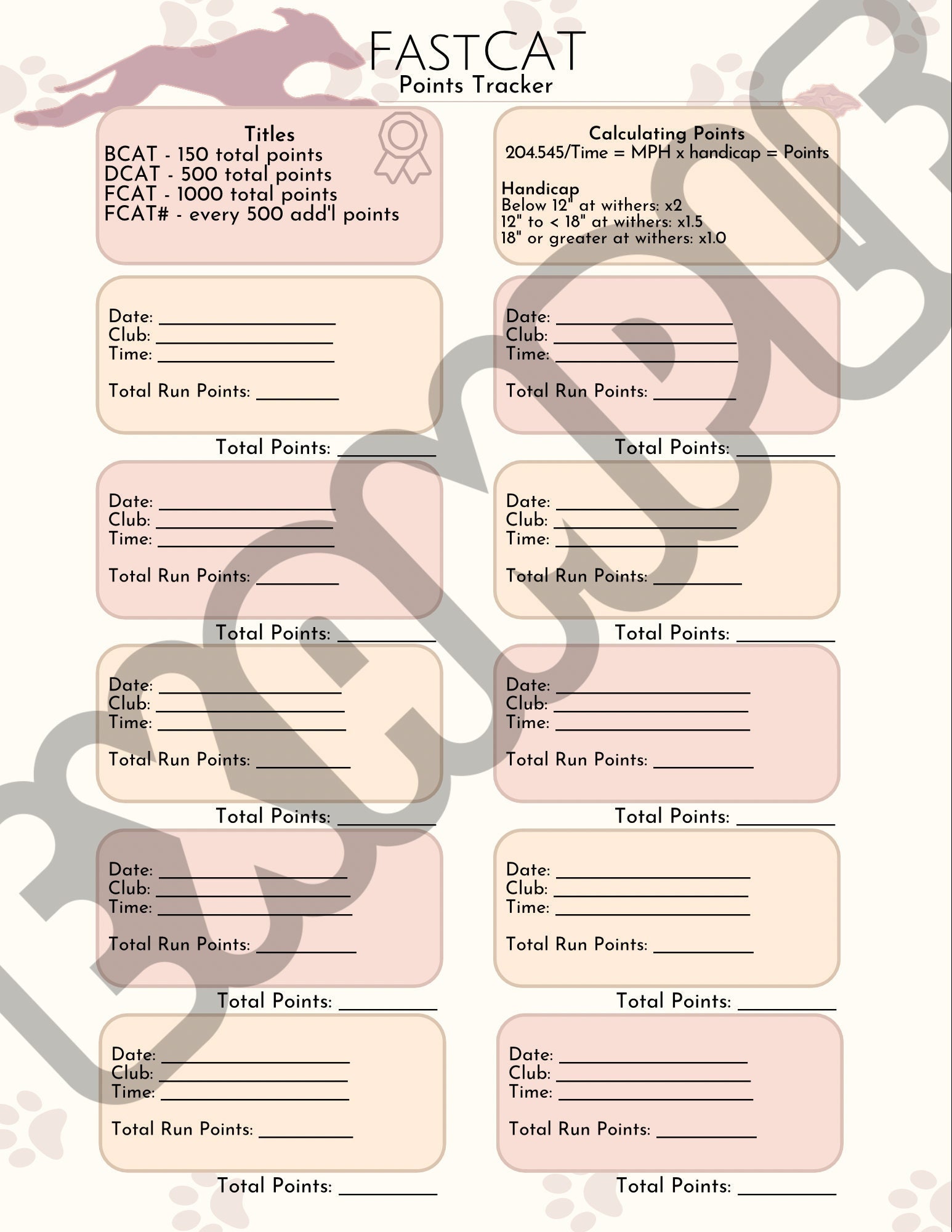 Dog Sports AKC Fastcat Digital Points Journal Title Tracker Lure Coursing print friendly pdf Download Etsy
