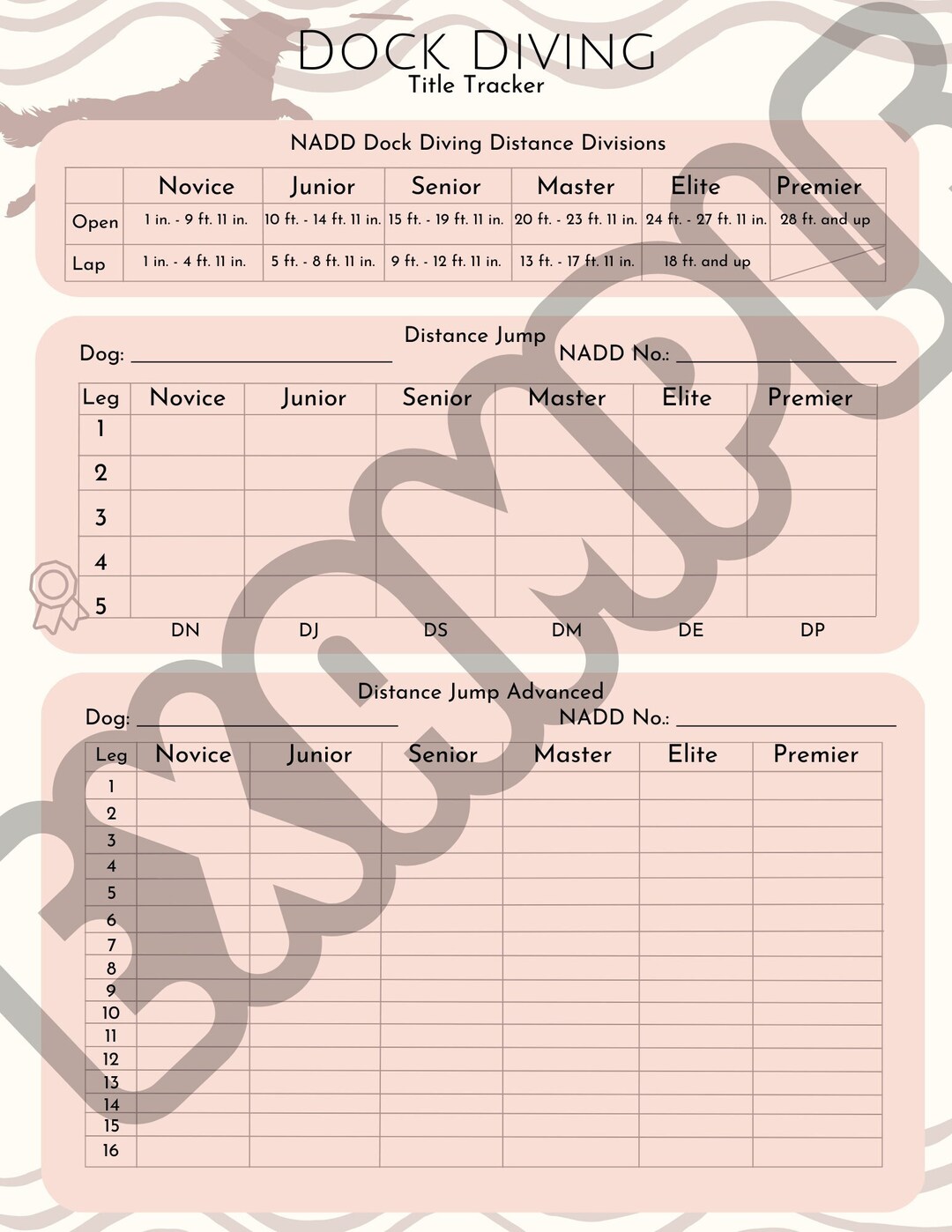 NADD Dock Diving Title Tracker print Friendly/pdf Download Etsy