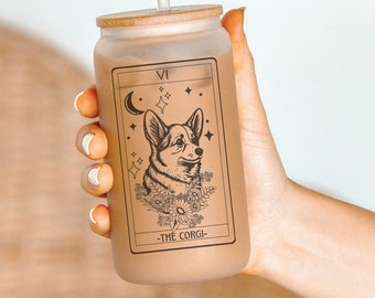 Corgi tarot frosted glass tumbler, Corgi gifts, Corgi gift, Corgi mom, Corgi tumbler, Welsh Corgi, corgi cup, Corgi lover