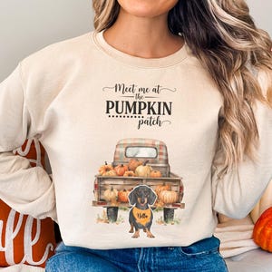 May include: A sand-colored crewneck sweatshirt featuring a graphic of a vintage pickup truck filled with pumpkins. Below the truck, a black and tan dachshund wears an orange bandana with the name Bella. The text reads Meet me at the PUMPKIN patch.