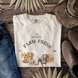 May include: Cream-colored t-shirt with the text "The Original Farm Fresh" and the year "1990". The shirt features a graphic of two dachshunds with pumpkins. The shirt is laid out with blue jeans, sunglasses, a straw hat, and brown boots.