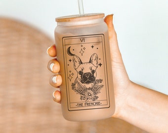 French Bulldog tarot frosted glass tumbler, French Bulldog gifts, French bulldog gift, French Bulldog mom, French Bulldog tumbler, Frenchie