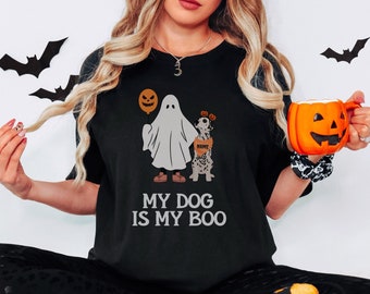 May include: Black t-shirt with a ghost and dog graphic. The text "My Dog is My Boo" is printed on the shirt.
