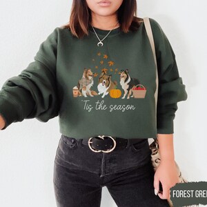 May include: A forest green sweatshirt with a graphic of three dogs, a pumpkin, and fall leaves. The text "Tis the season" is printed below the graphic.