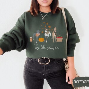 Puede incluir: Sudadera verde bosque con un gr&aacute;fico de tres perros, una calabaza, una taza de caf&eacute; y una cesta de manzanas. El texto "Tis the season" est&aacute; impreso debajo del gr&aacute;fico.