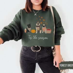 May include: A forest green sweatshirt with a graphic of three pugs wearing fall-themed accessories. The text "Tis the season" is printed below the pugs.
