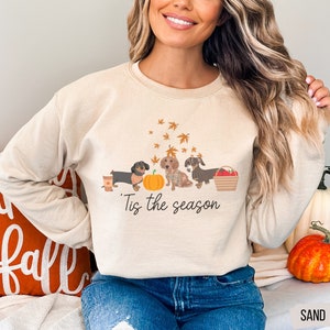 May include: Beige sweatshirt featuring a fall-themed graphic with three dachshunds, a pumpkin, and falling leaves. The phrase "'Tis the season" is written below the graphic. The sweatshirt is a neutral color.