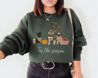 Pug-sweater, pug-sweater, pug-hond, herfsttrui met ronde hals, pug-herfst, pug-moeder, pug-liefhebber, pug-hond, pug-eigenaar, hondenmoeder ronde hals