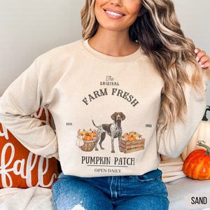May include: A beige sweatshirt with a graphic design featuring a brown and white dog, pumpkins, and the text "The Original Farm Fresh Est. 1990 Pumpkin Patch Open Daily".