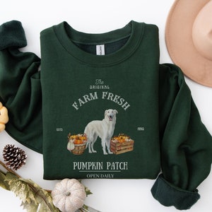 May include: A dark green sweatshirt with a white graphic design that says "The Original Farm Fresh Est. 1990" with a white dog and pumpkins in a crate. The text below the graphic says "Pumpkin Patch Open Daily".