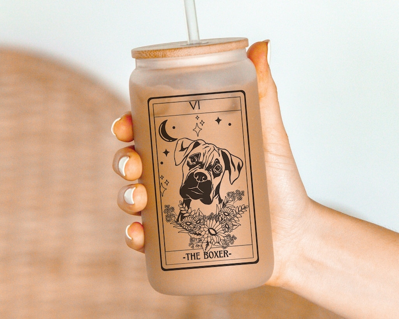 Boxer dog tarot frosted glass tumbler, Boxer gifts, Boxer mom, Boxer dog, Boxer lover, dog mom tumbler, boxer tumbler, iced coffee cup image 1