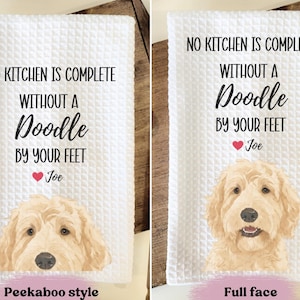 two towels with a dog illustration and text. The towels are labeled with different styles and the text is related to kitchen appliances.