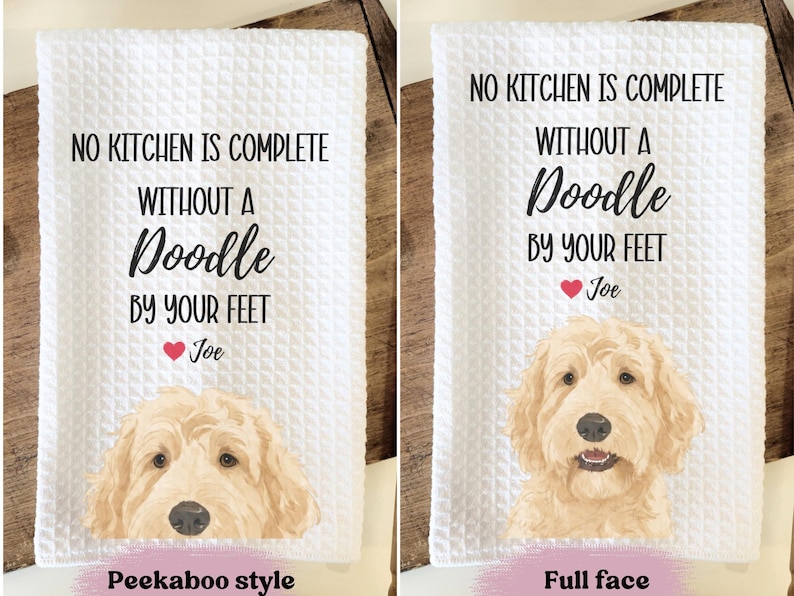 two towels with a dog illustration and text. The towels are labeled with different styles and the text is related to kitchen appliances.