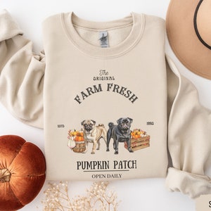 May include: A beige sweatshirt with a graphic of two pugs in front of a pumpkin patch. The text reads "The Original Farm Fresh Est. 1990 Pumpkin Patch Open Daily".