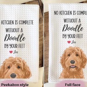 two towels with a dog illustration and text. The towels are labeled as "Peekaboo style" and "Full face" to indicate the style of the towel.