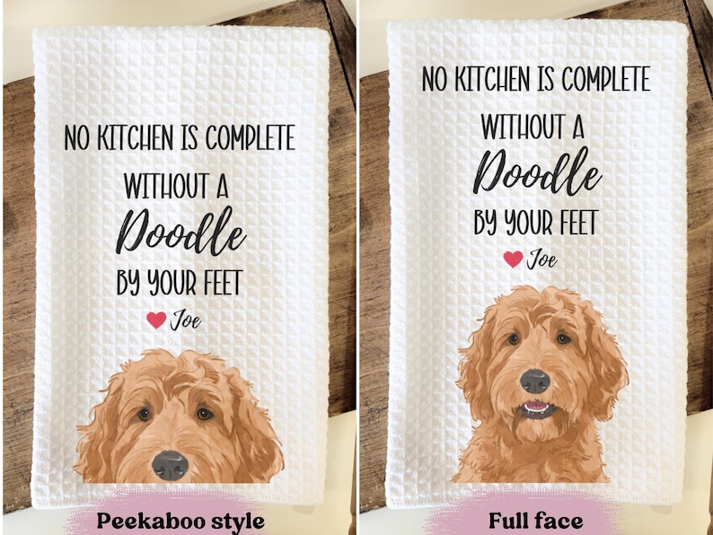 two towels with a dog illustration and text. The towels are labeled as "Peekaboo style" and "Full face" to indicate the style of the towel.