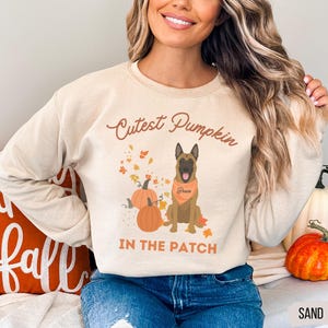 May include: Sand-colored sweatshirt with the text "Cutest Pumpkin in the Patch." The design features a dog wearing an orange bandana, pumpkins, and autumn leaves. The word "Grace" is on the bandana.