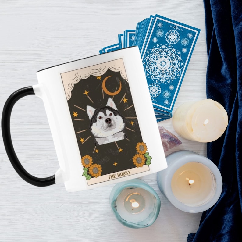 Husky tarot card mug, husky mug, Husky gifts, Siberian Husky, Husky mom gift, Husky Lover Coffee Cup, Dog tarot card mug, Husky owner gift image 1