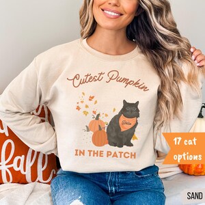 May include: Sand-colored sweatshirt with the text "Cutest Pumpkin in the Patch." The design features a black cat wearing an orange bandana, pumpkins, and autumn leaves. The sweatshirt also has "17 cat options" text.