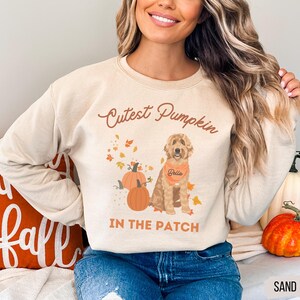 May include: Sand-colored sweatshirt with the text "Cutest Pumpkin IN THE PATCH" and a graphic of a dog wearing a bandana. The dog is surrounded by pumpkins and autumn leaves. The word "Bella" is on the bandana.