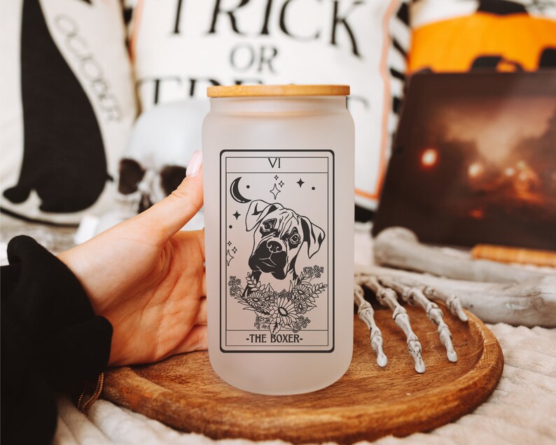 Boxer dog tarot frosted glass tumbler, Boxer gifts, Boxer mom, Boxer dog, Boxer lover, dog mom tumbler, boxer tumbler, iced coffee cup image 2