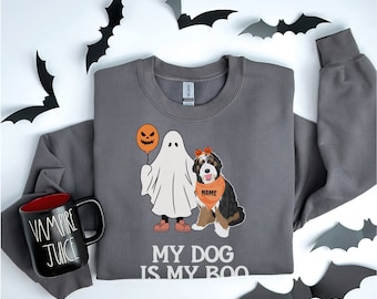Custom Bernedoodle Halloween Ghost Sweatshirt, Bernedoodle sweatshirt, Bernedoodle, Bernedoodle Halloween, Bernedoodle dog mom, Halloween