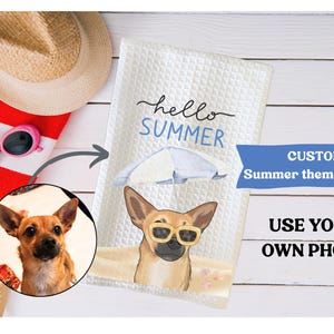 May include: White waffle-weave towel with a custom summer theme. The towel features a dog wearing sunglasses on a beach, with the words "hello SUMMER" and a blue banner that says "CUSTOM Summer themed towel".