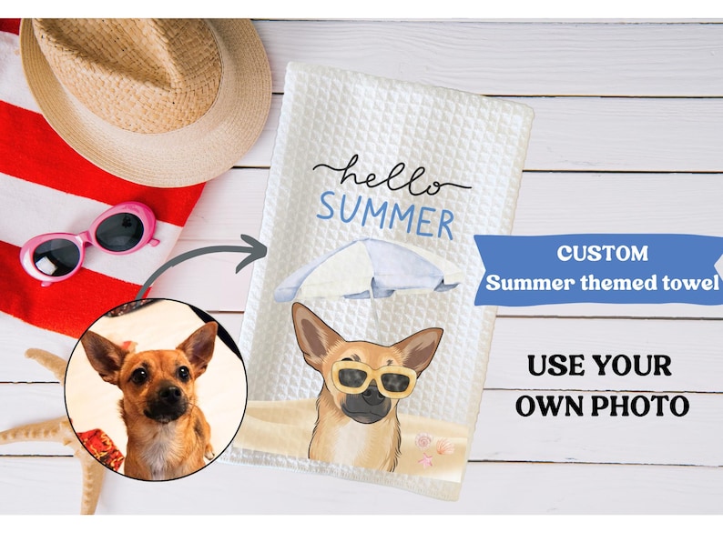 May include: White waffle-weave towel with a custom summer theme. The towel features a dog wearing sunglasses on a beach, with the words "hello SUMMER" and a blue banner that says "CUSTOM Summer themed towel".